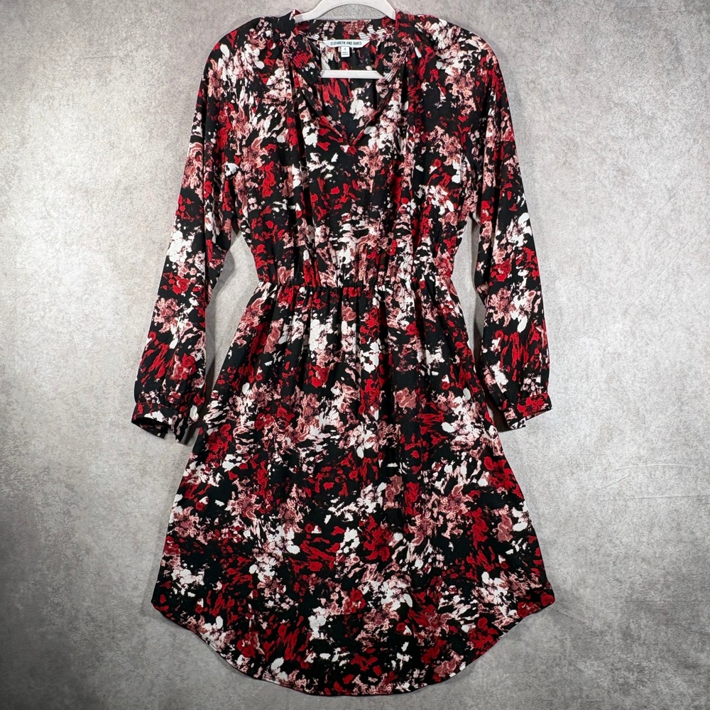 Elizabeth and James Dress Women S Red Abstract Floral Long Sleeve V-Neck Elastic